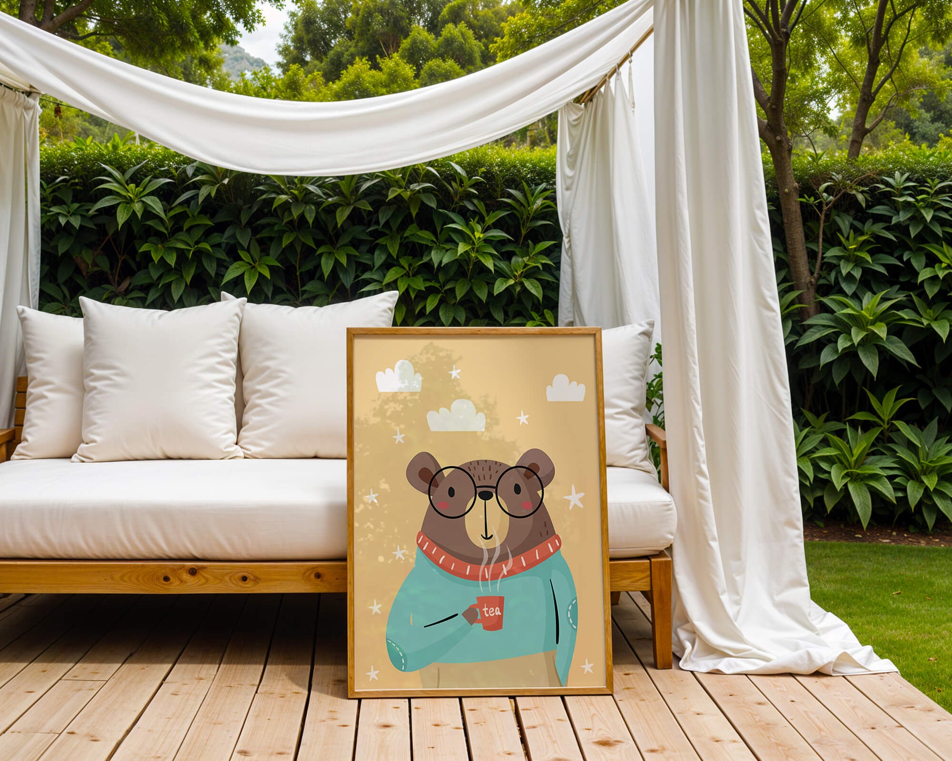 Illustration of a bear with glasses holding a tea cup against a starry background