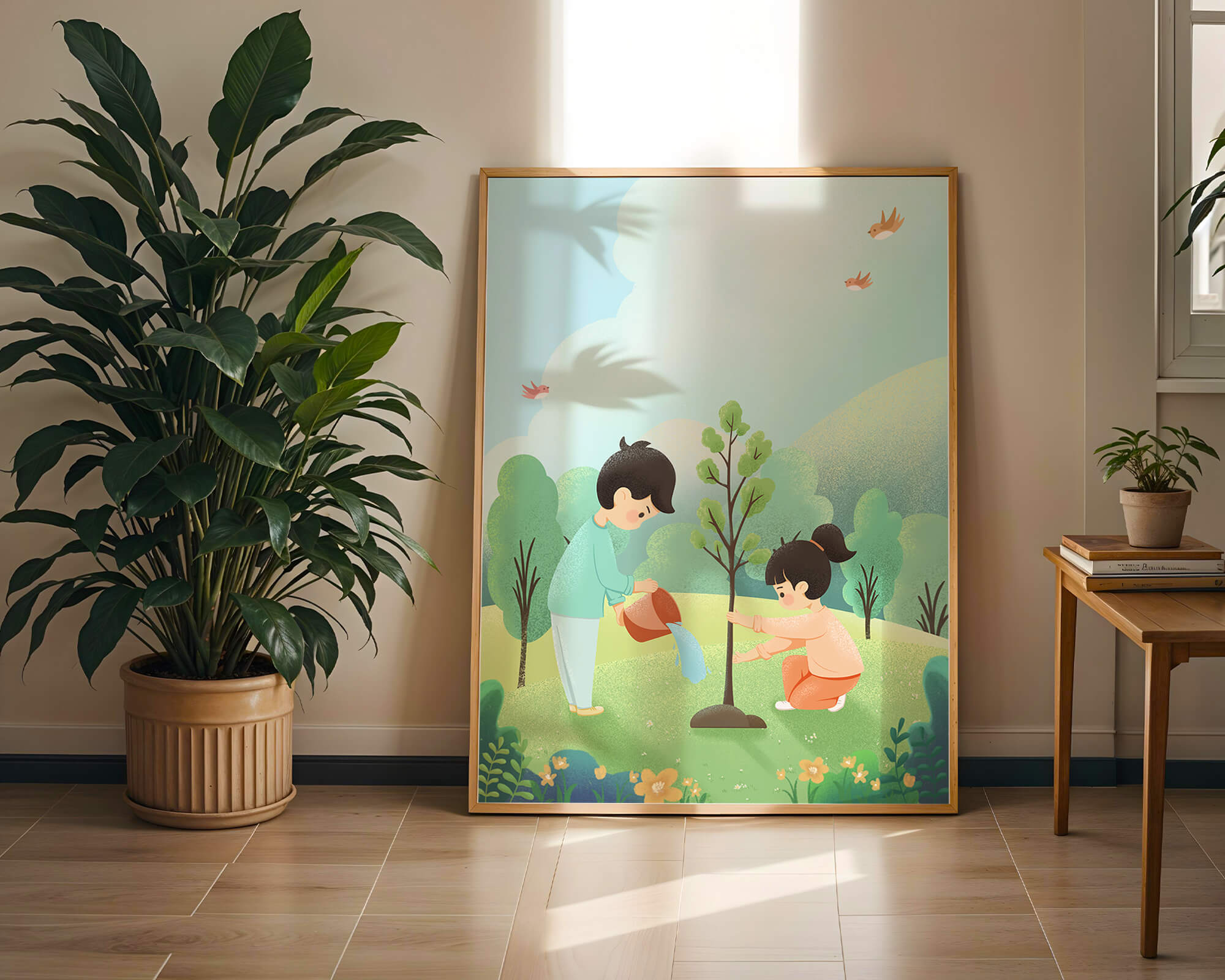 Children nurturing a young tree in a lush green landscape