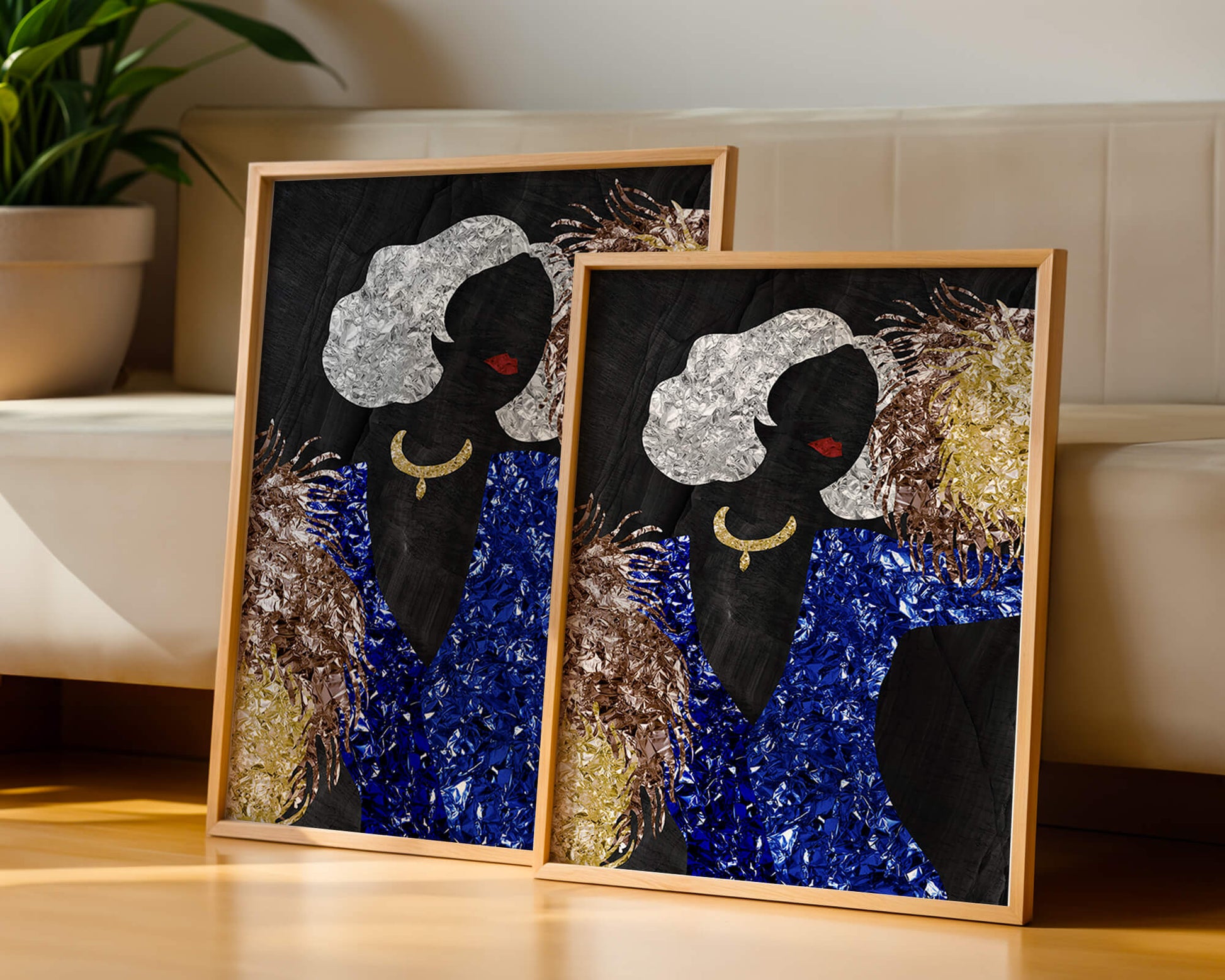 Abstract art with colorful foil textures and silhouette