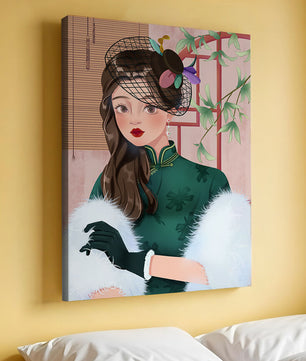 Elegant woman in vintage attire with netted hat and floral elements