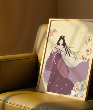 Elegant Woman in Traditional Garment with Snowflakes and Branches