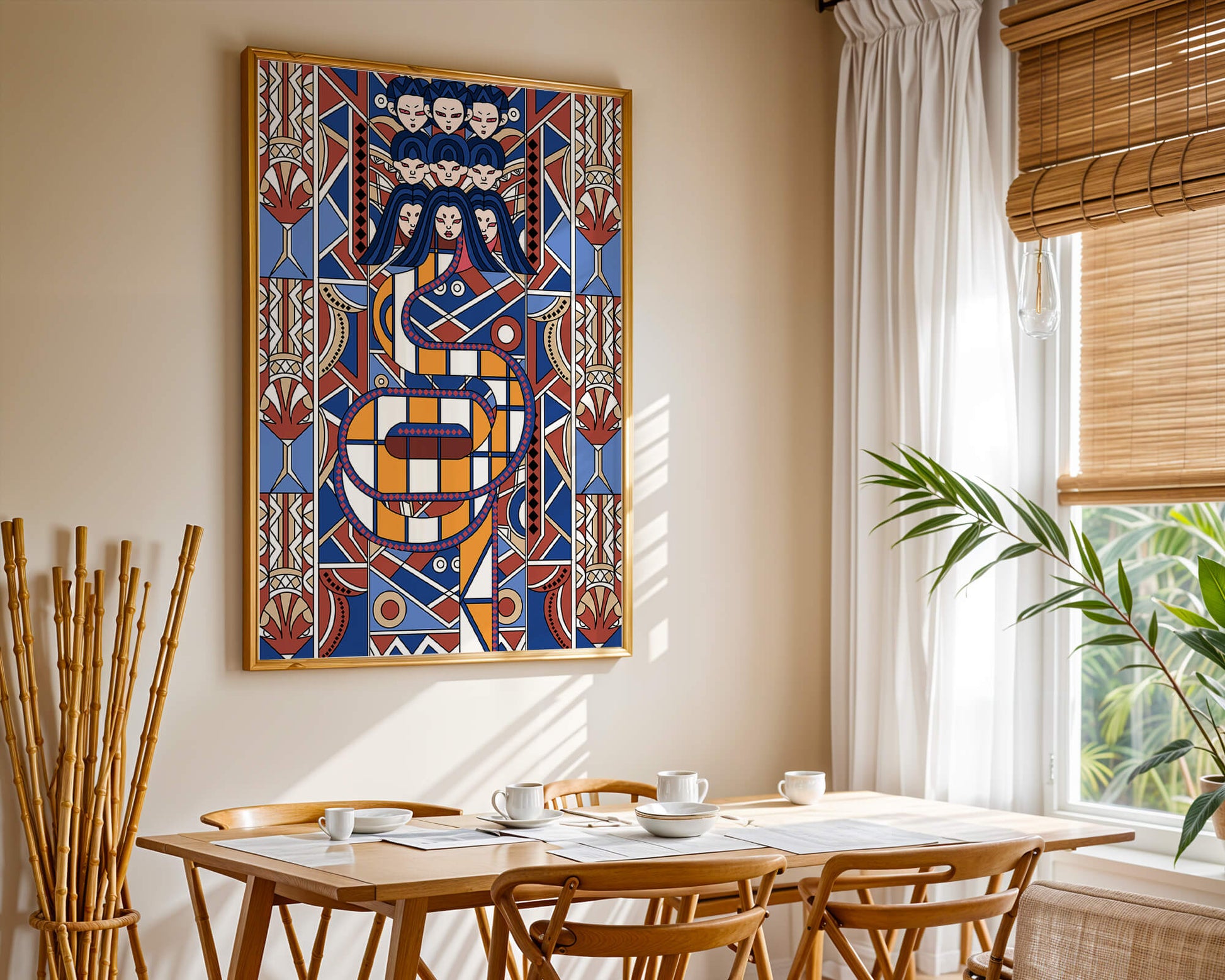 Patrón geométrico Art Decó con rostros y diseño simétrico