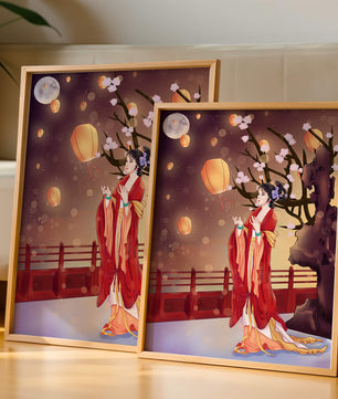 Traditional lantern festival under moonlit sky with cherry blossoms and red bridge