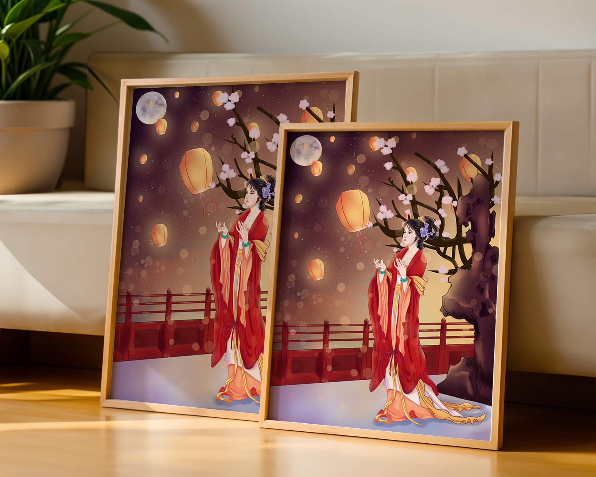 Traditional lantern festival under moonlit sky with cherry blossoms and red bridge