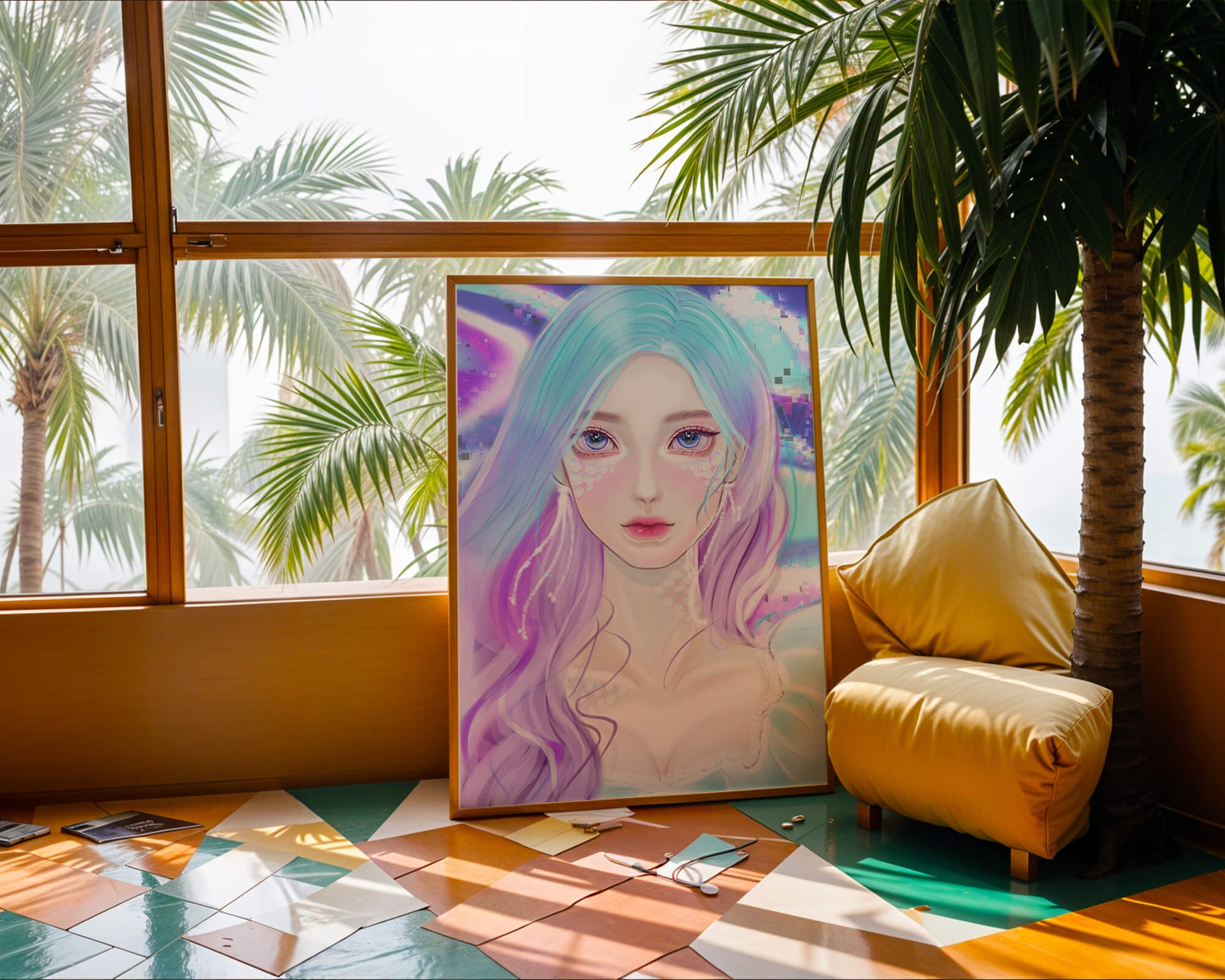 Fantasy portrait of a woman with pastel hair and vibrant features