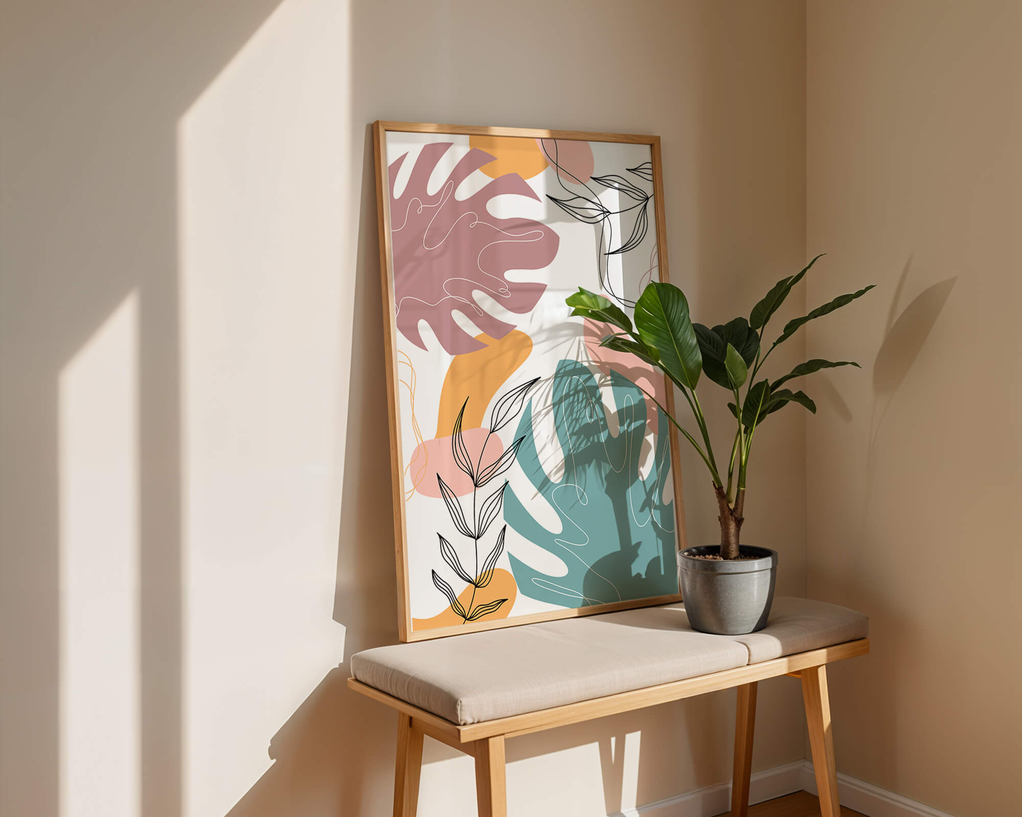 Abstract botanical illustration with colorful leaf patterns