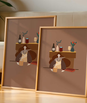 Escena acogedora con mujer junto a la chimenea y elementos decorativos