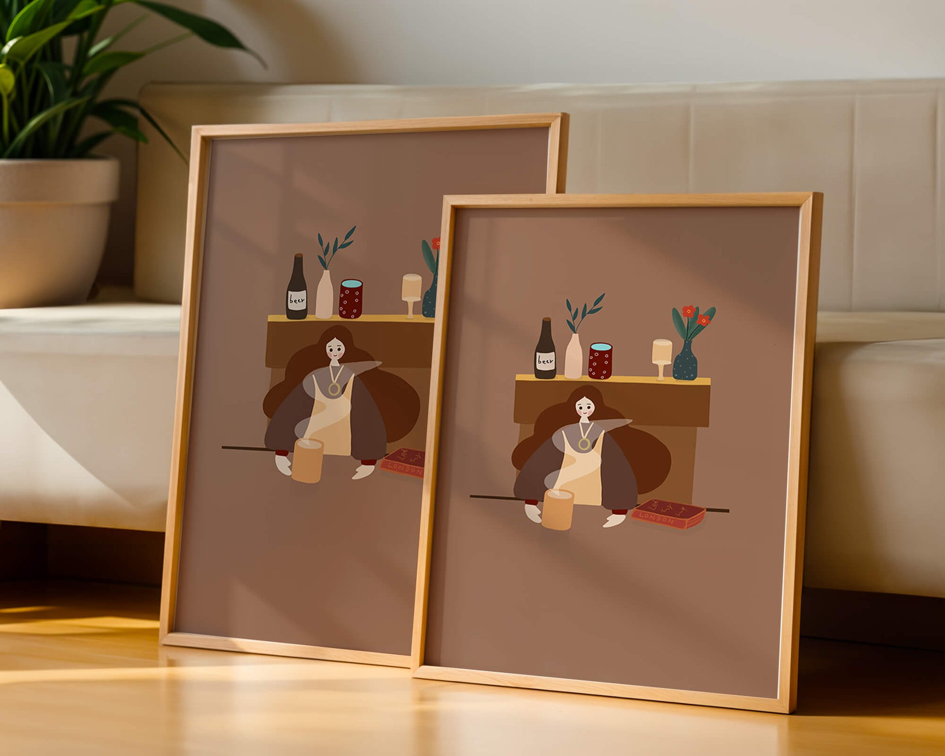 Escena acogedora con mujer junto a la chimenea y elementos decorativos