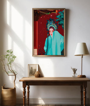Traditional Asian art with elegant woman in traditional attire
