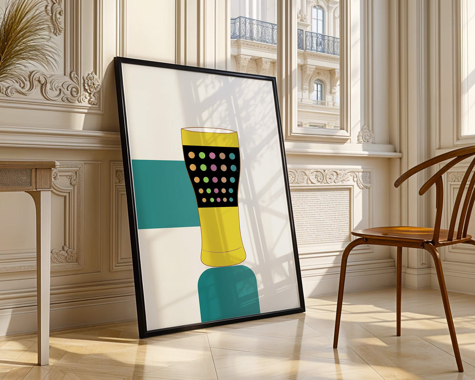 Colorful abstract illustration of a pint glass with dotted pattern