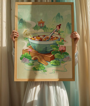Illustration of a traditional Asian scene with large bowl and serene landscape