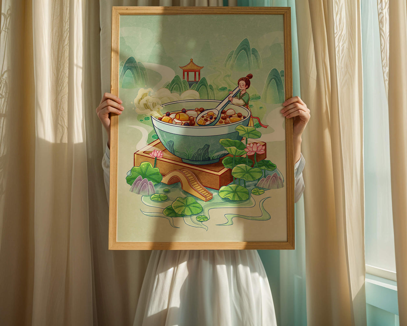 Illustration of a traditional Asian scene with large bowl and serene landscape