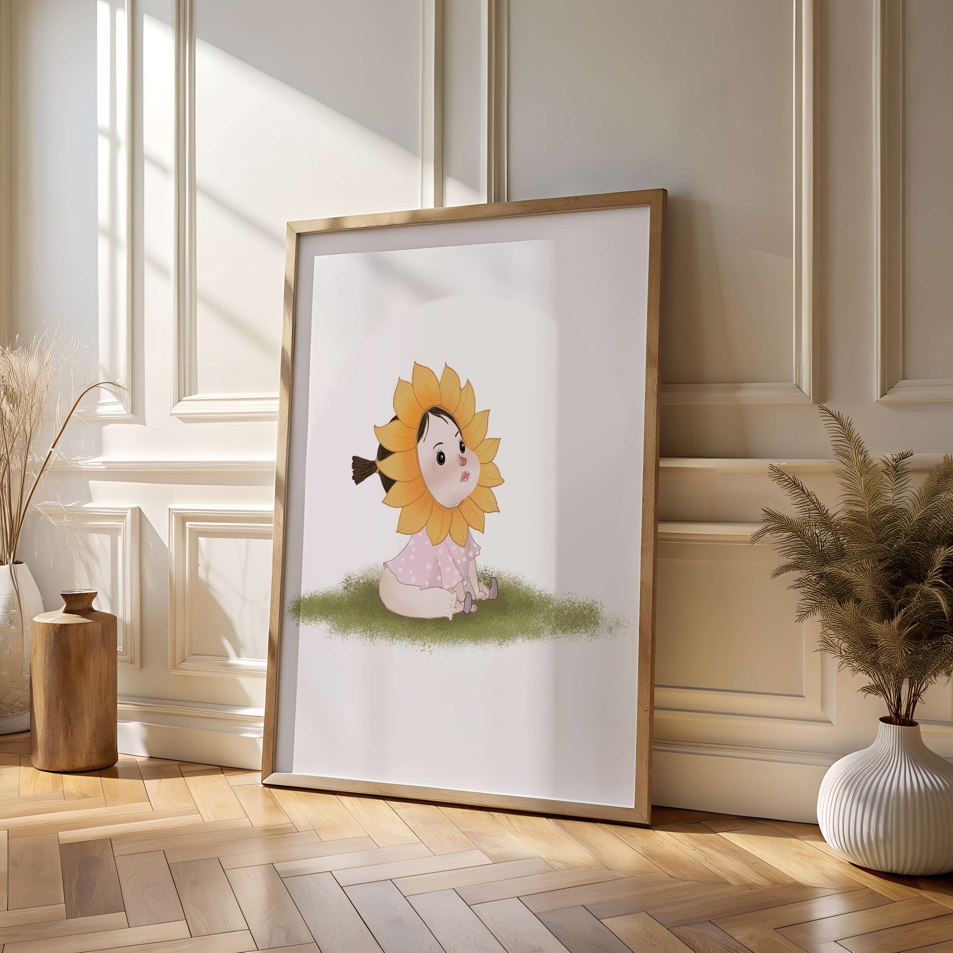 Adorable child with sunflower costume sitting on a grassy patch
