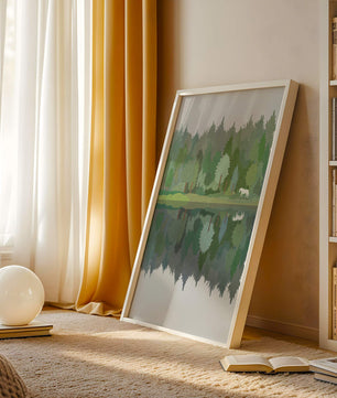 Forest landscape with a white horse and reflection in a tranquil pond