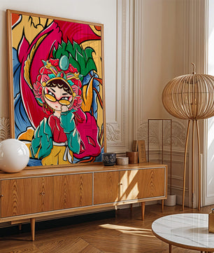 Vibrant illustration featuring a character in traditional costume with dragon elements