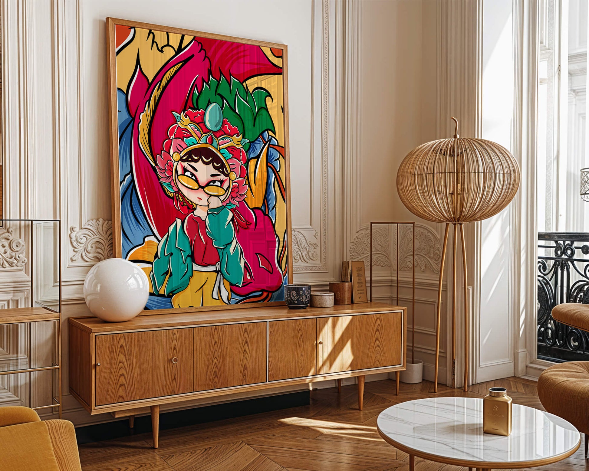 Vibrant illustration featuring a character in traditional costume with dragon elements