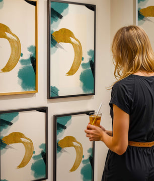 Abstract Gold and Teal Brush Strokes on White Background
