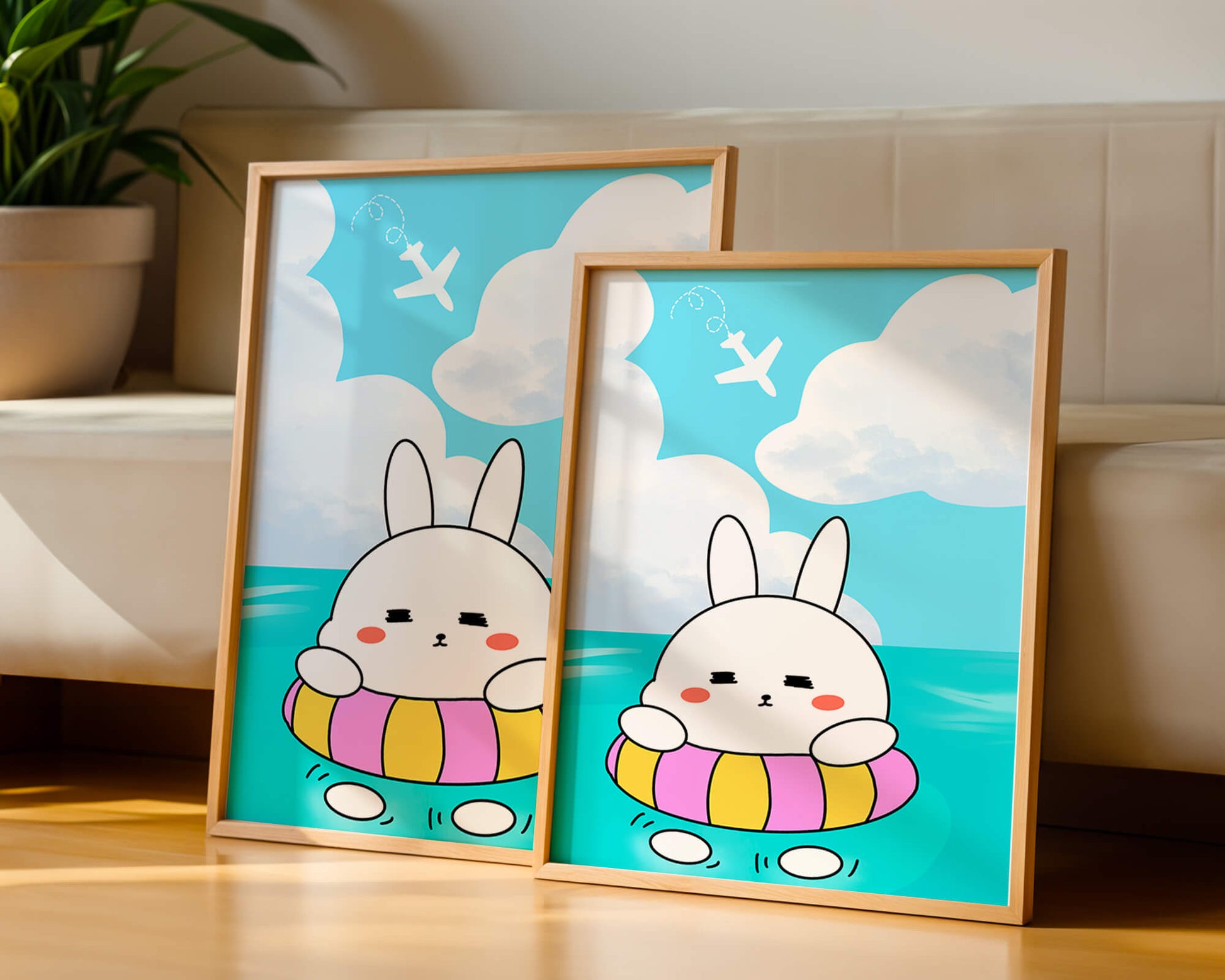 Illustration of a cute bunny floating on a colorful inflatable in a blue ocean under a bright sky with an airplane