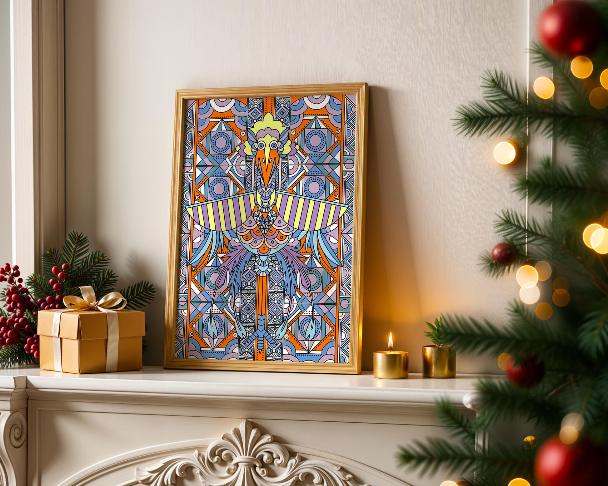 Arte geométrico de aves con patrones coloridos y detalles intrincados