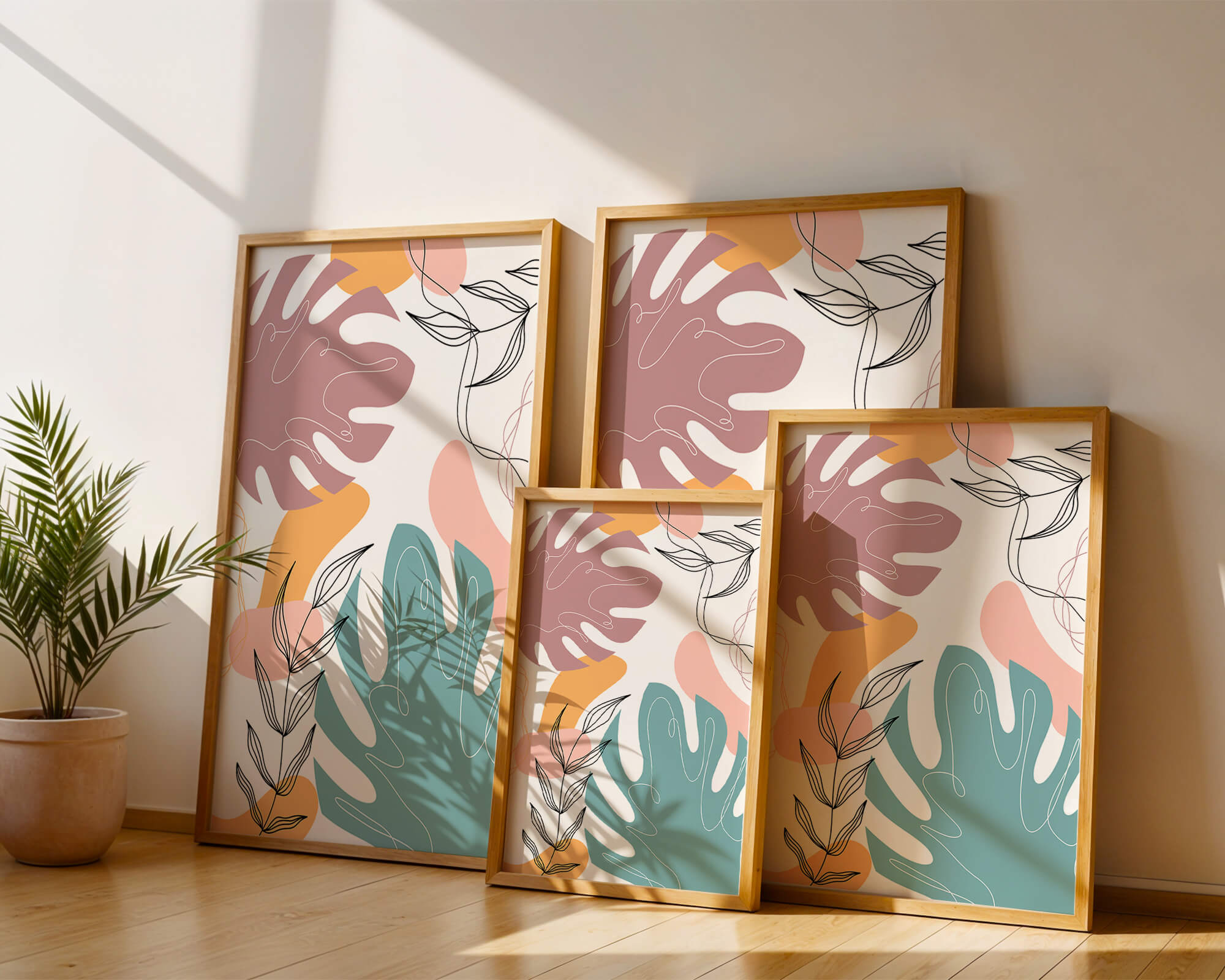 Abstract botanical illustration with colorful leaf patterns