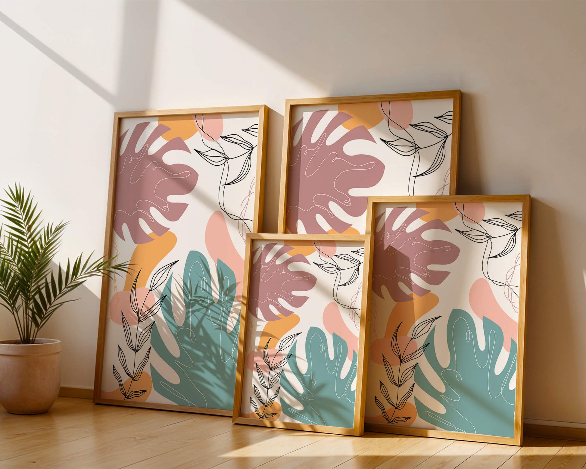 Abstract botanical illustration with colorful leaf patterns