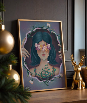 Portrait enchanteur d'une femme aux yeux floraux et aux cheveux noirs