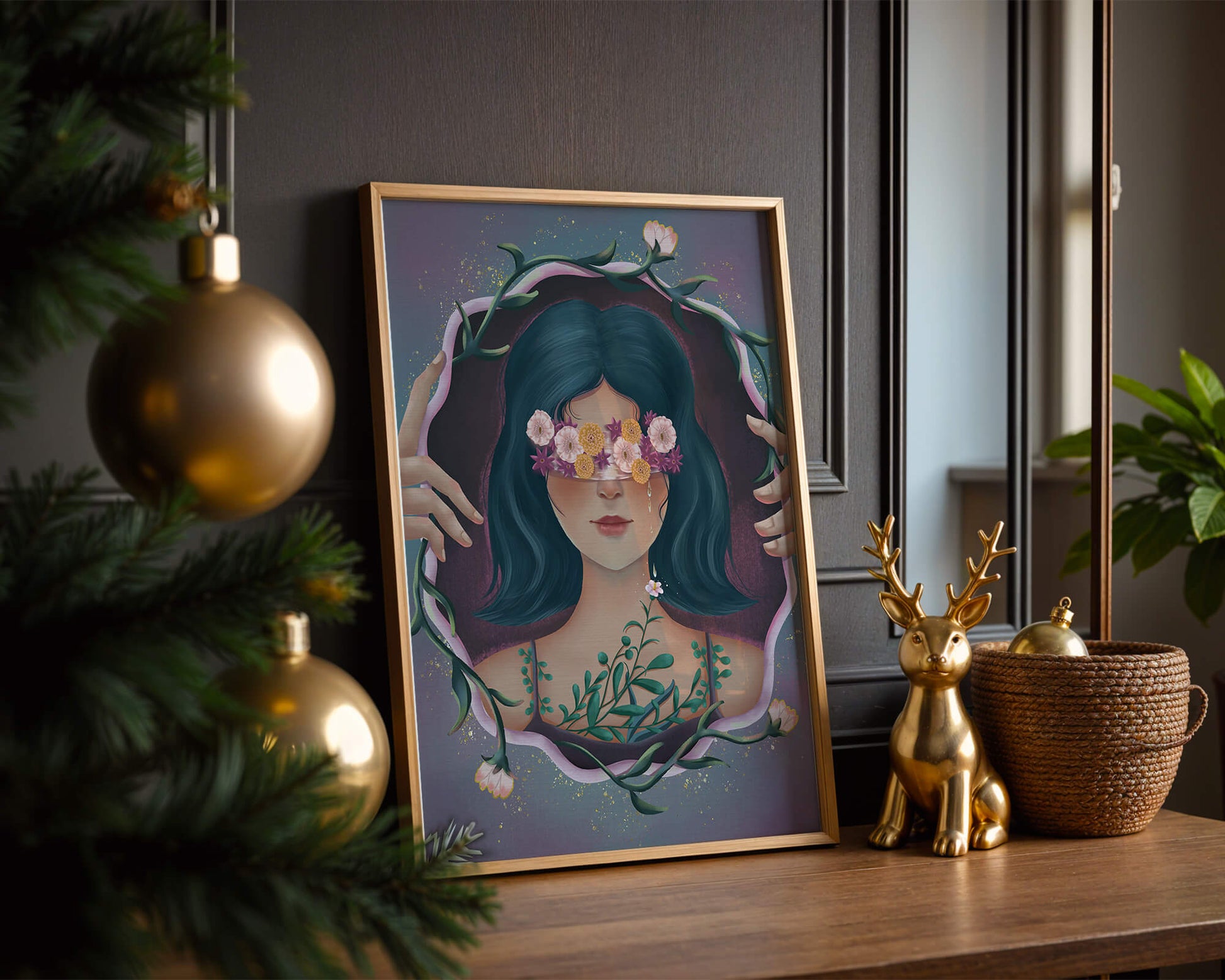 Retrato encantador de una mujer con ojos florales y cabello oscuro