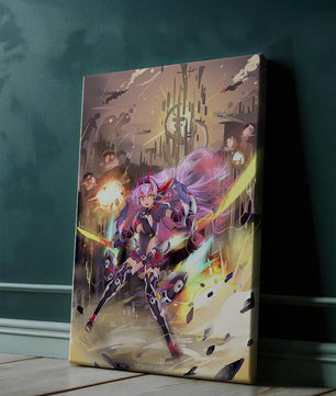 Personnage d’anime guerrier futuriste avec des lames d’énergie dans un paysage urbain de science-fiction