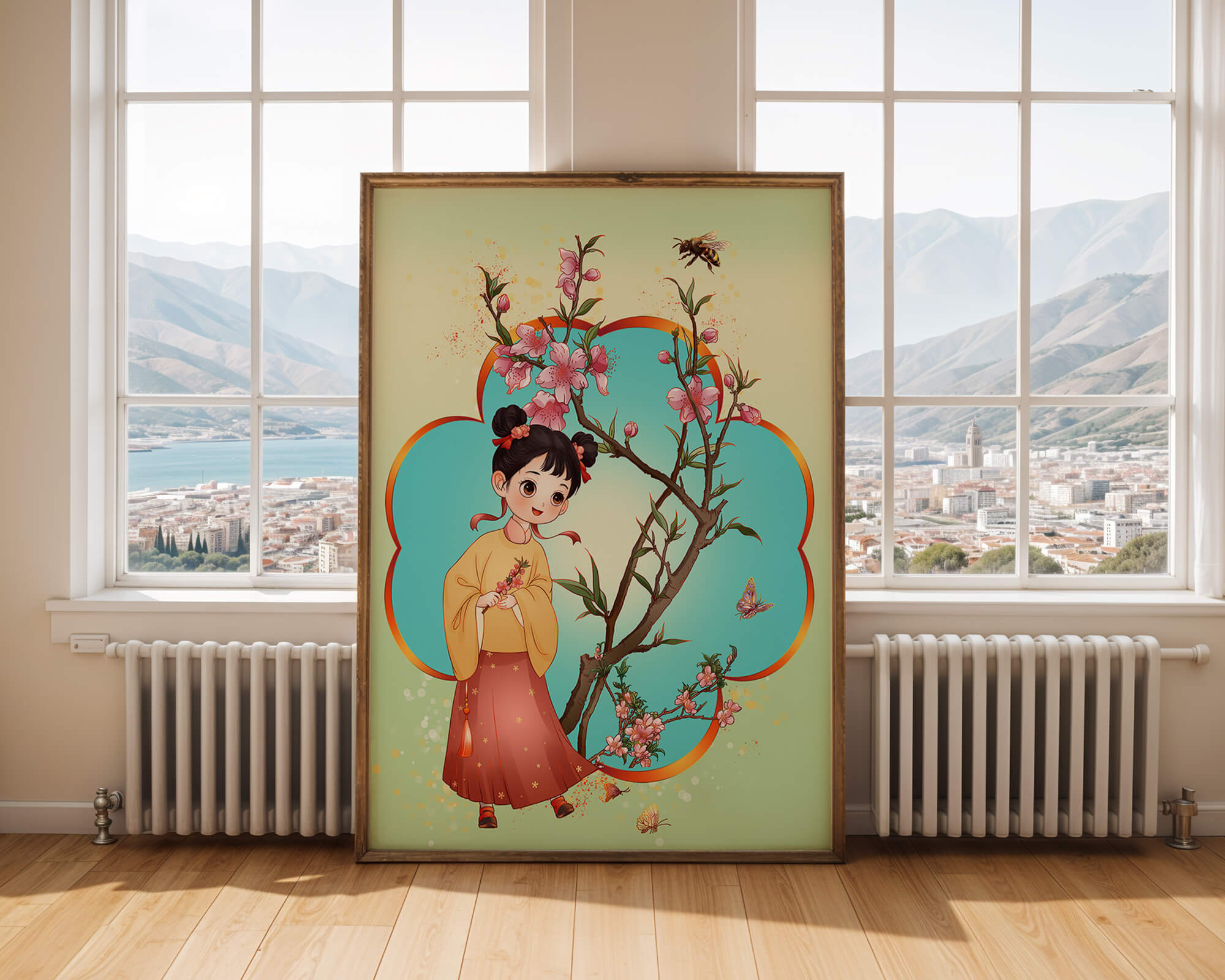 Illustration of a girl with cherry blossoms and butterflies
