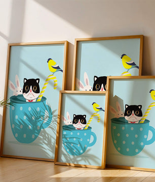 Playful illustration of cat, rabbit, and bird in a teacup