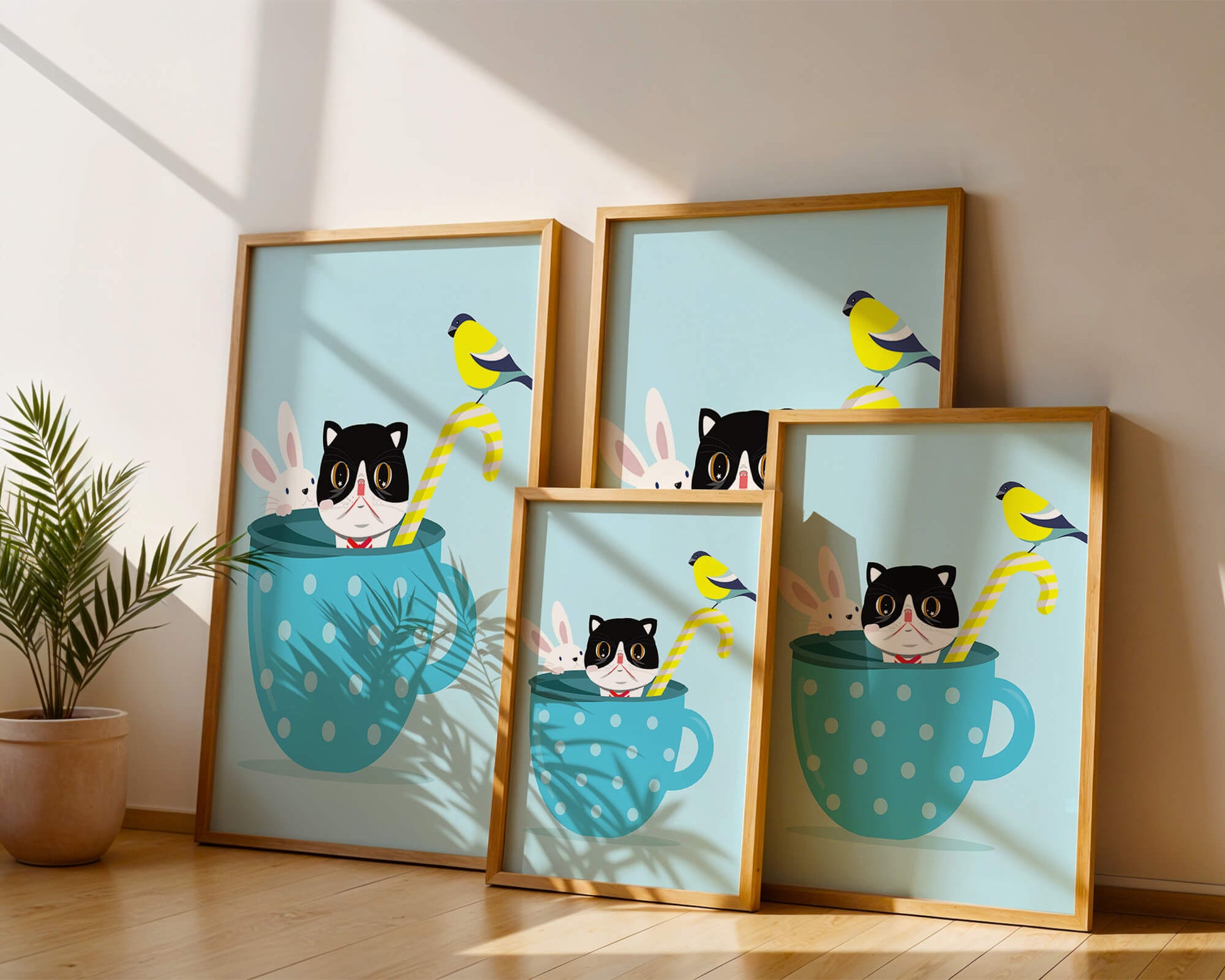 Ilustración lúdica de un gato, un conejo y un pájaro en una taza de té.