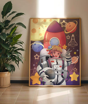 Ilustración de una chica astronauta con temática espacial