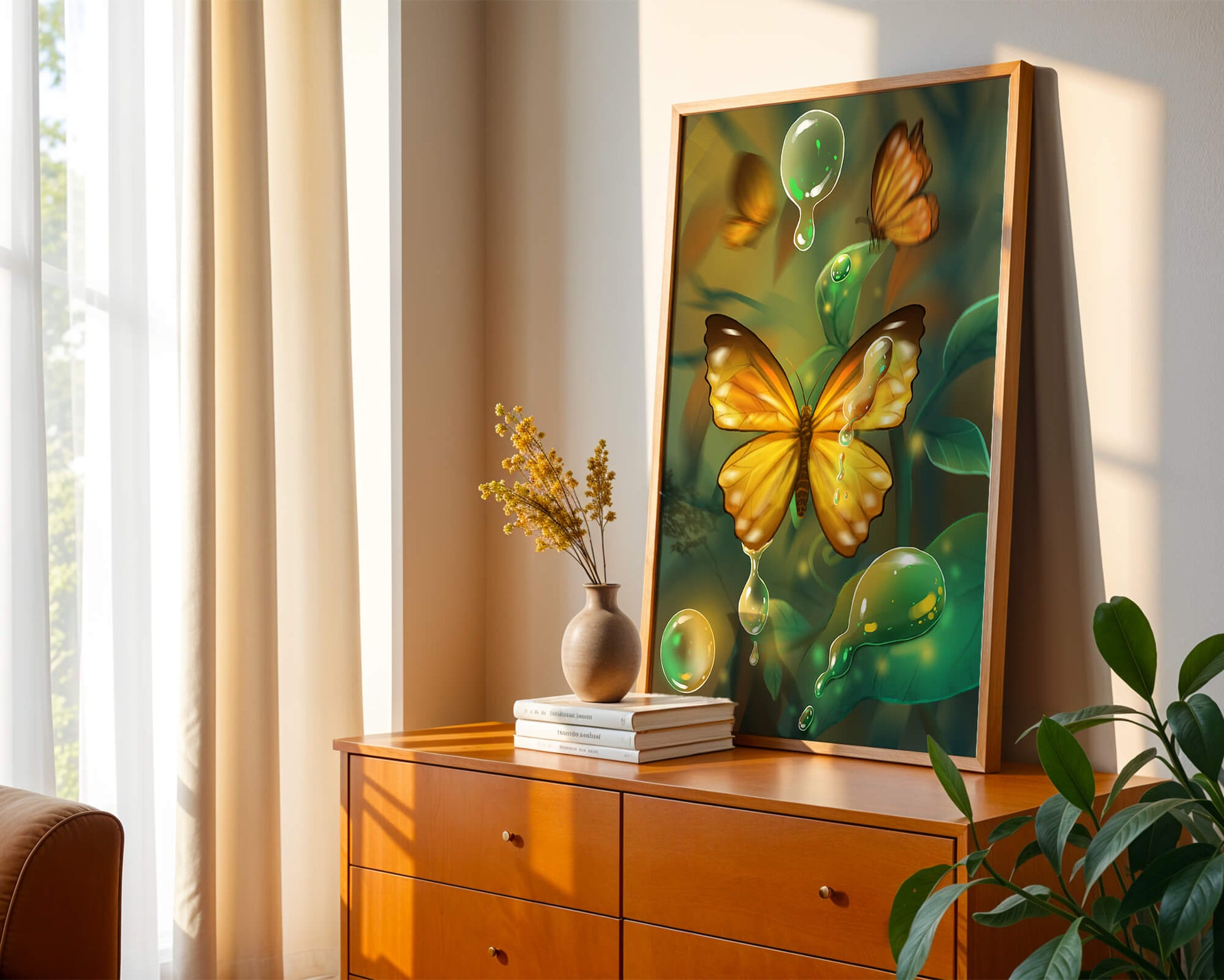 Butterflies Among Dewdrops in a Serene Forest Setting