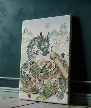 Dragon and Steamed Dumplings with Children in a Mountainous Landscape