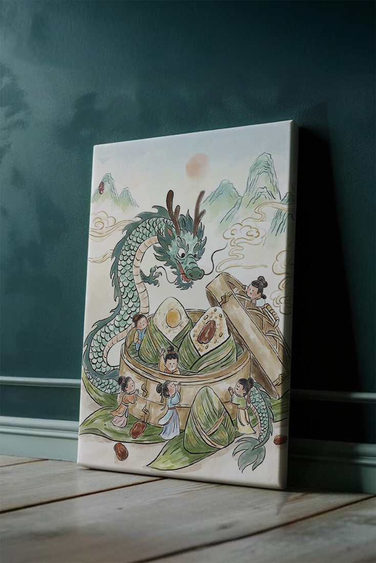 Dragón y dumplings al vapor con niños en un paisaje montañoso