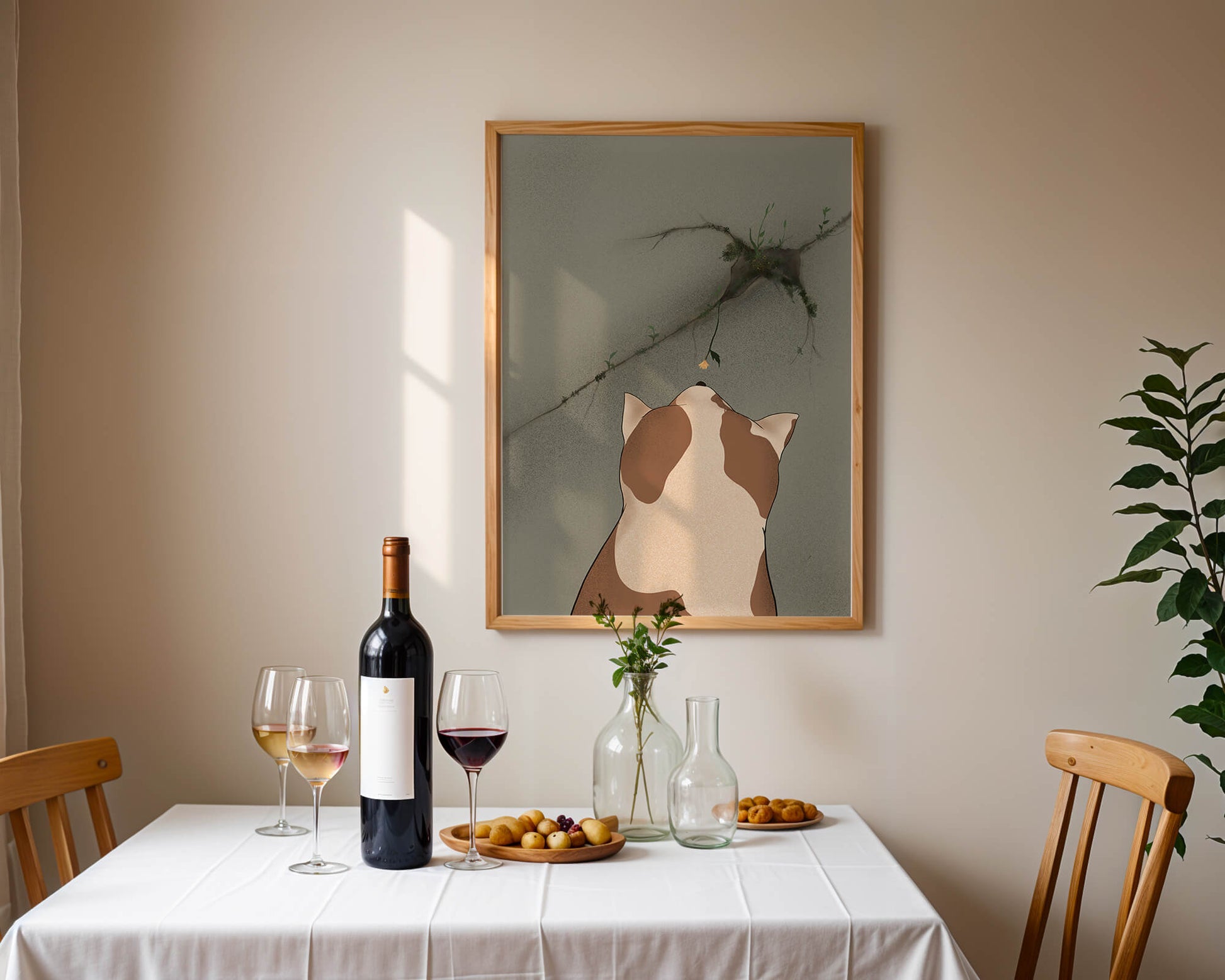 Chat observant une fleur poussant sur un mur fissuré