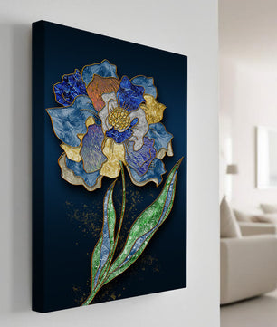 Diseño floral texturizado y colorido con contornos dorados sobre fondo oscuro