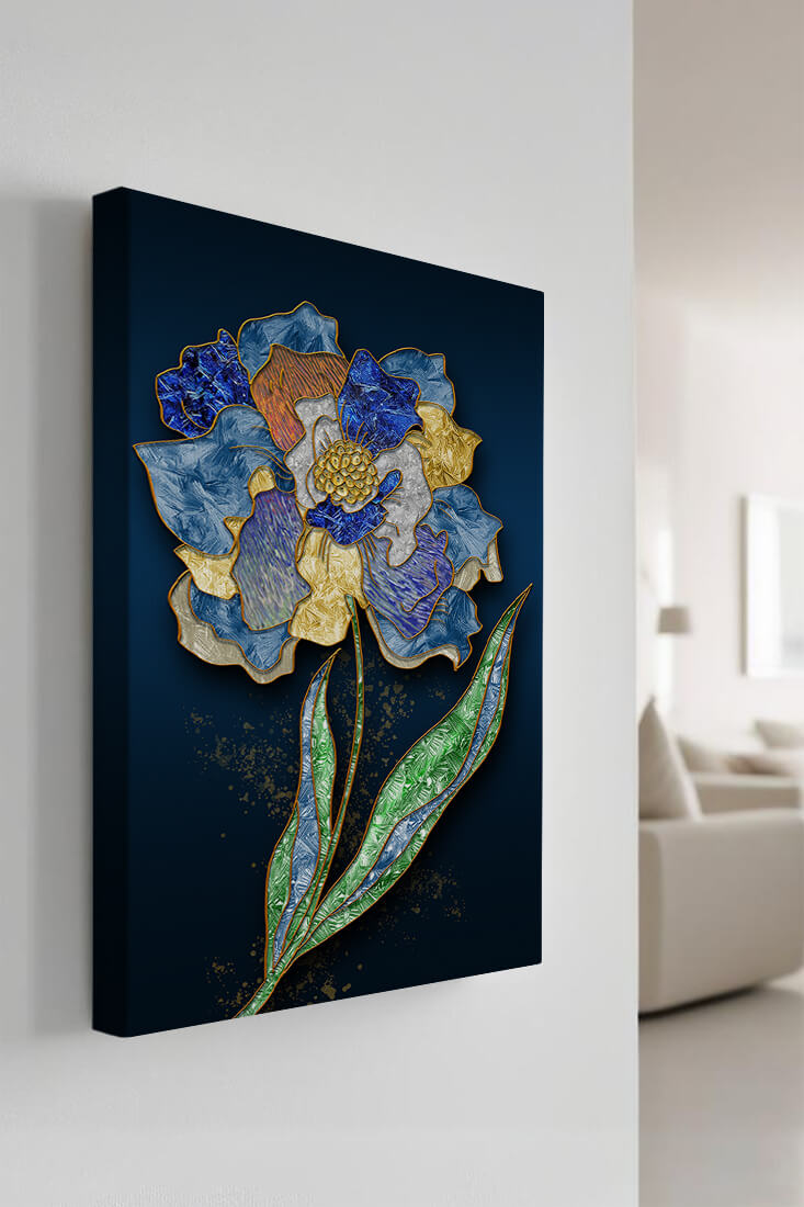 Diseño floral texturizado y colorido con contornos dorados sobre fondo oscuro