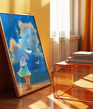 Young person gazing at a vibrant seaside sky with birds flying
