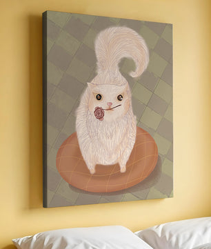 Illustration of fluffy cat with rose on a cushion