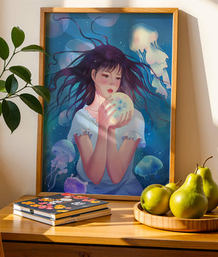 Enchanted underwater scene with girl and glowing jellyfish