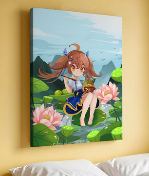 Chica de anime sentada en hojas de lirio con montañas al fondo