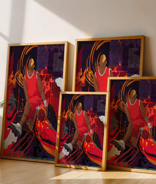 Ilustración dinámica de un jugador de baloncesto en movimiento con patrones abstractos
