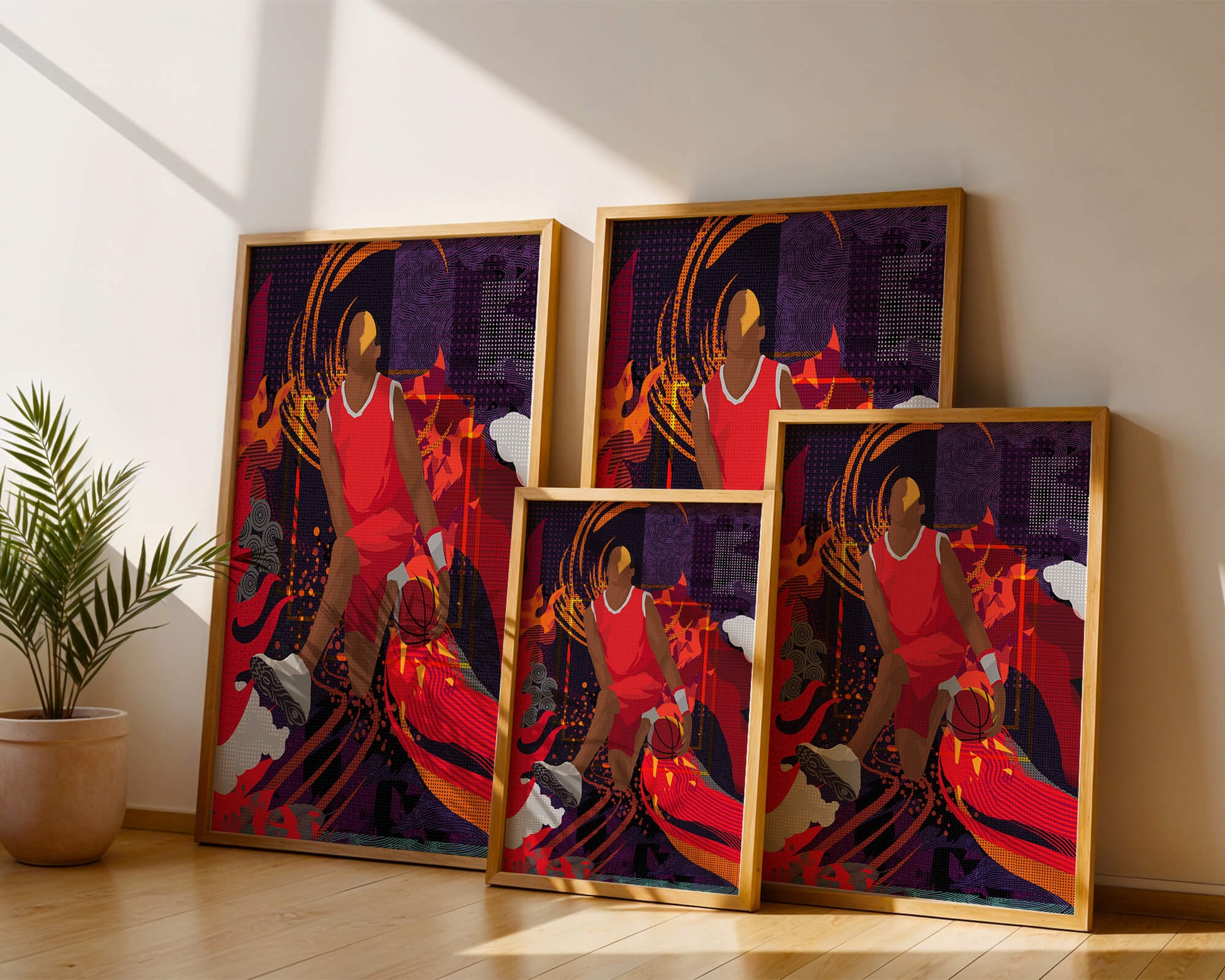 Dynamic illustration of a basketball player in motion with abstract patterns