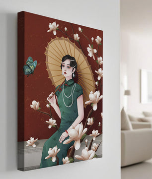 Mujer elegante con parasol y flores de magnolia sobre fondo rojo