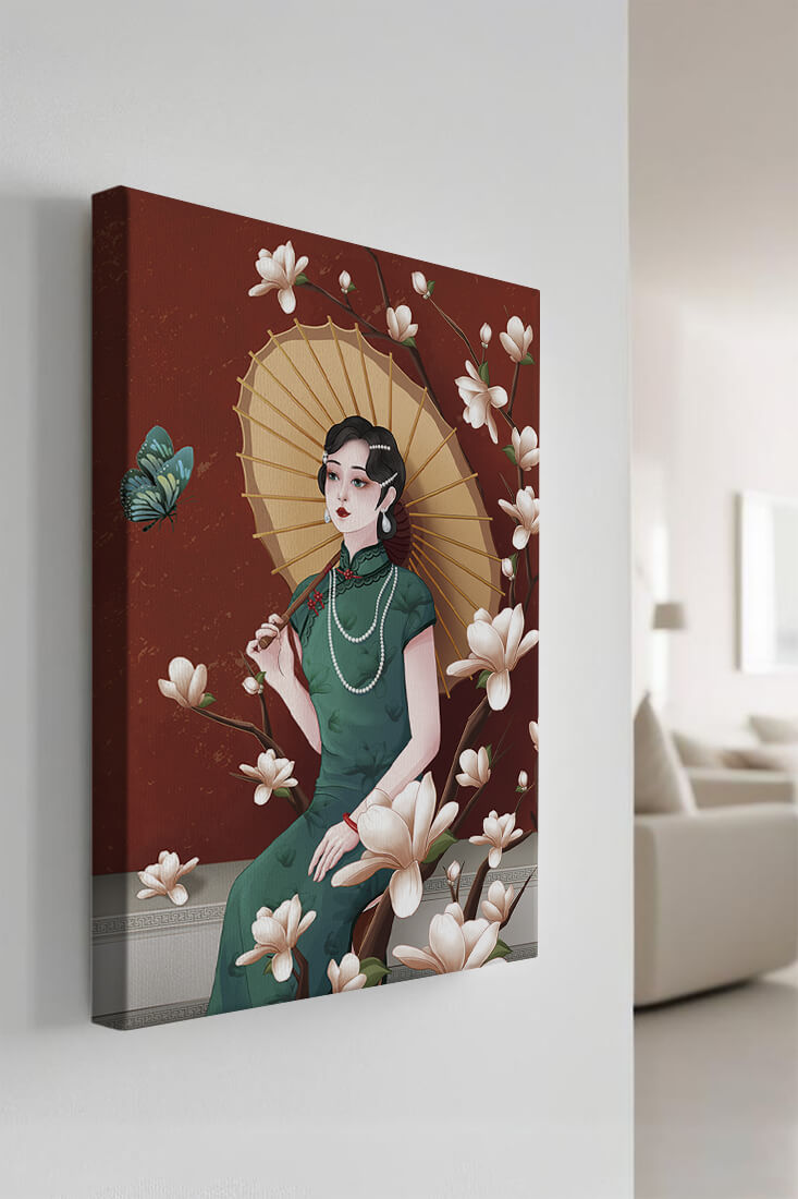Mujer elegante con parasol y flores de magnolia sobre fondo rojo
