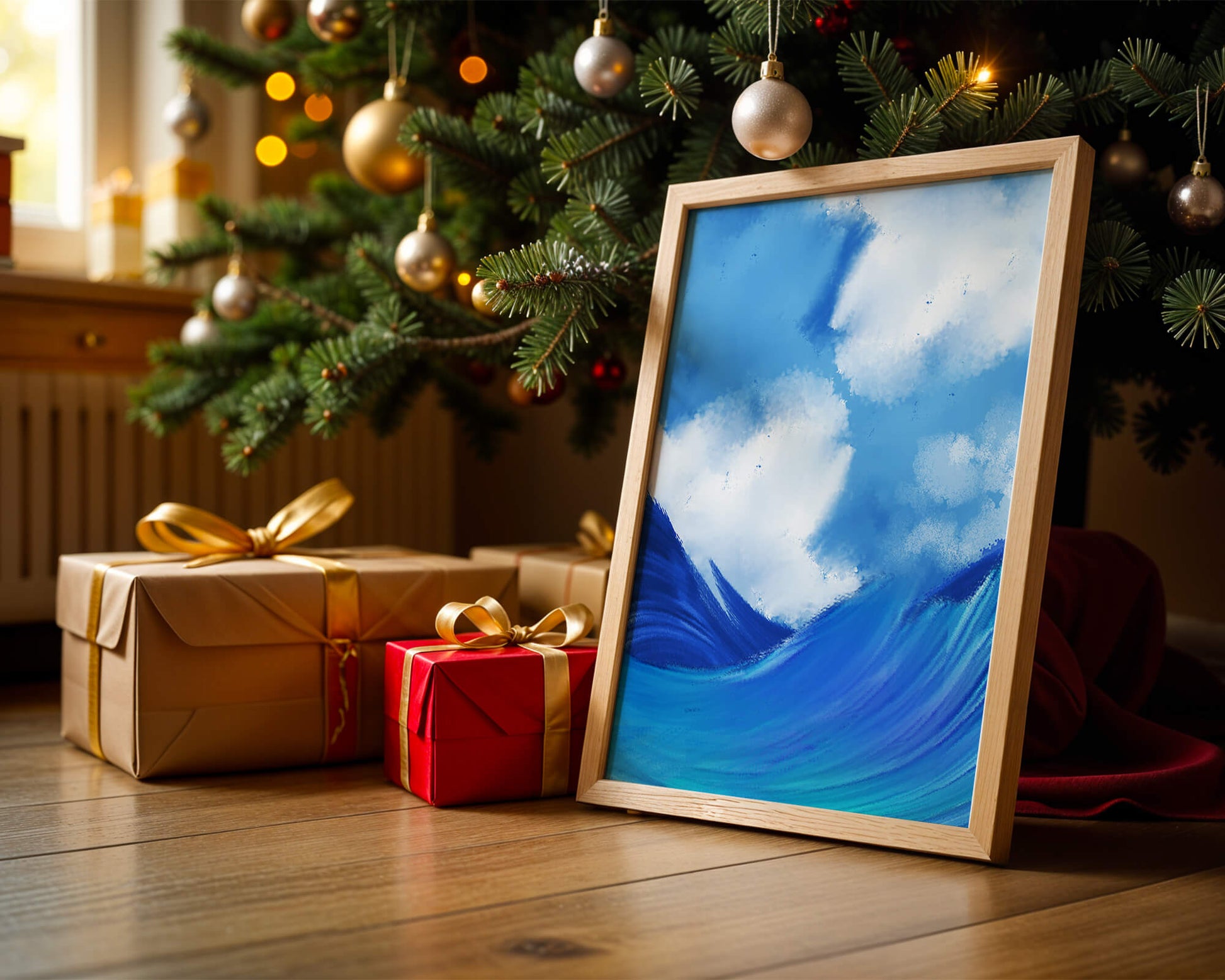 Beautiful ocean waves under a cloudy sky artwork