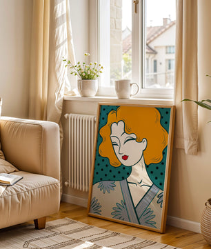 Retrato estilizado de una mujer con cabello naranja y kimono floral