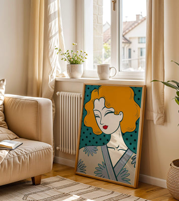 Stylized portrait of a woman with orange hair and floral kimono