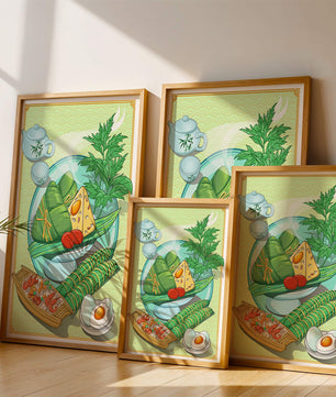 Illustration d'aliments asiatiques traditionnels avec service à thé et herbes